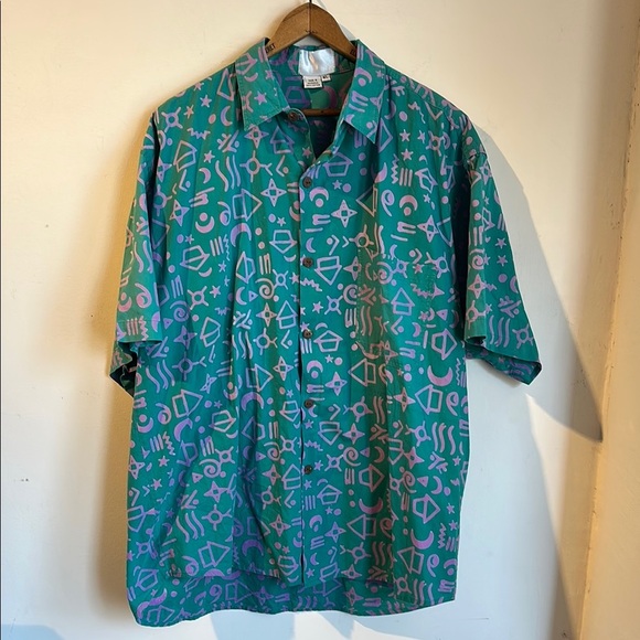 Vintage Geometric Patterned Green and Purple Men's Shirt - Picture 1 of 5